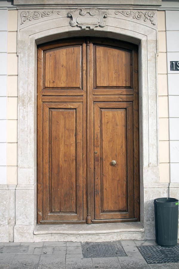Photo 02592: Formed, panelled, carved, oiled double door with minor door inserted