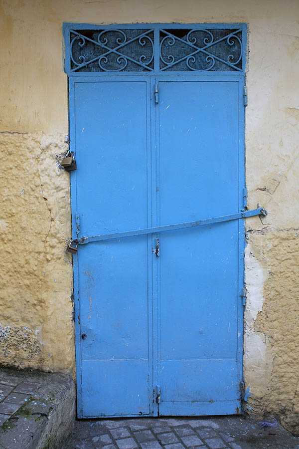 Photo 02774: Blue metal double door with latticed top window