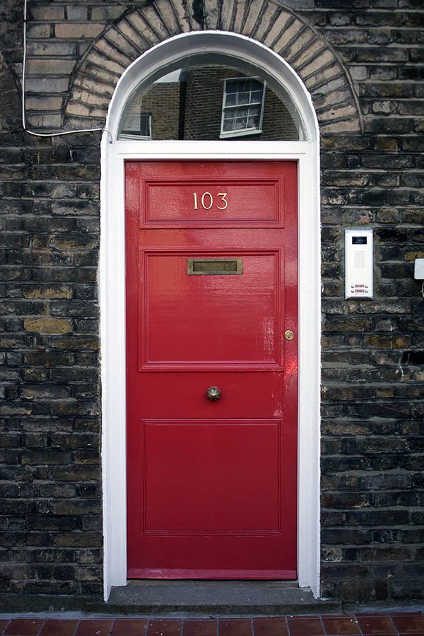 Photo 04587: Panelled, red door with fan light