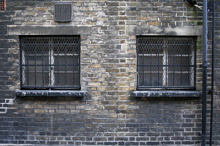 Photo 04721: Two white windows with teal grating