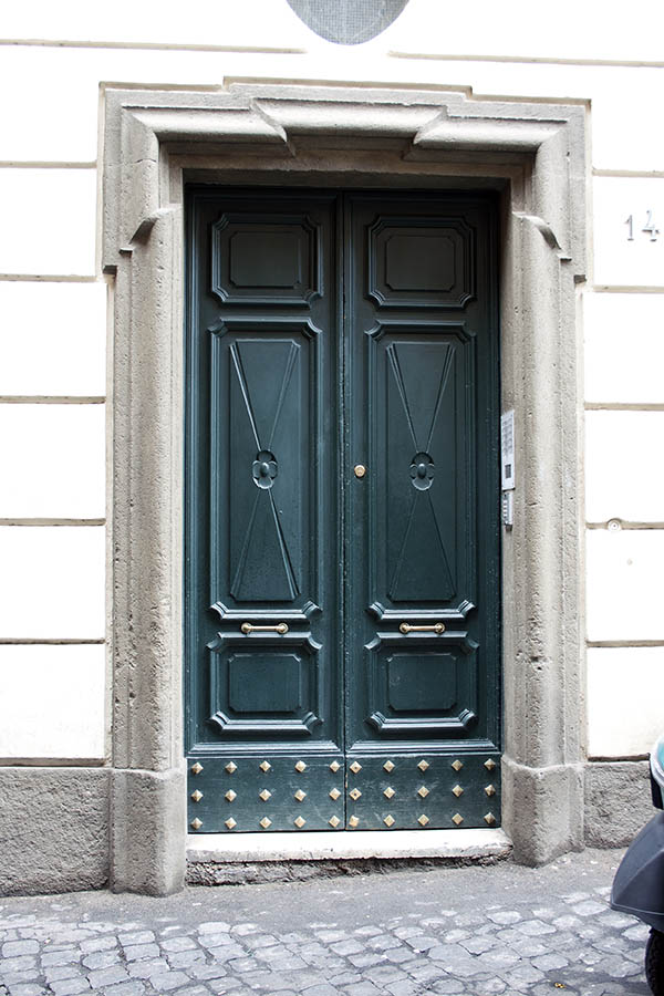 Photo 07914: Panelled, carved, teal double door with pilaster