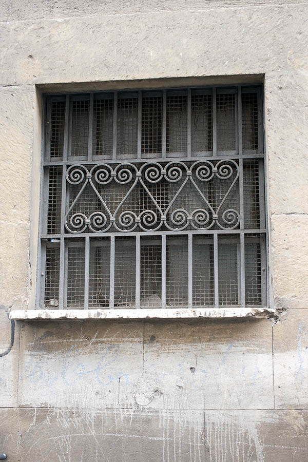 Photo 07971: Latticed, grey window with wire net