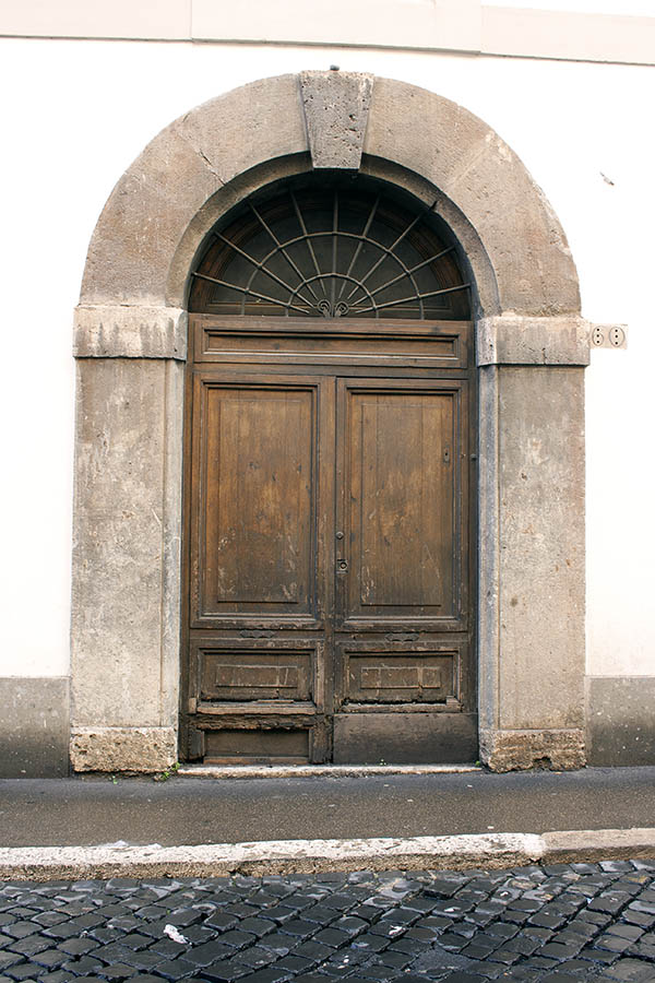 Photo 08041: Worn, panelled, oiled double door with fan light and pilaster