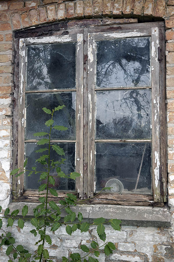 Photo 08416: Decayed, unpainted window with two frames and six panes