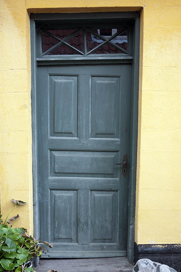 Photo 08814: Lopsided, panelled, teal door with top window
