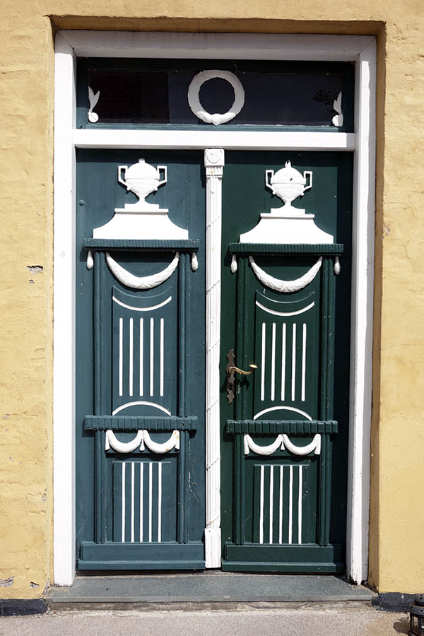 Photo 08870: Carved, panelled, teal and white double door with top window