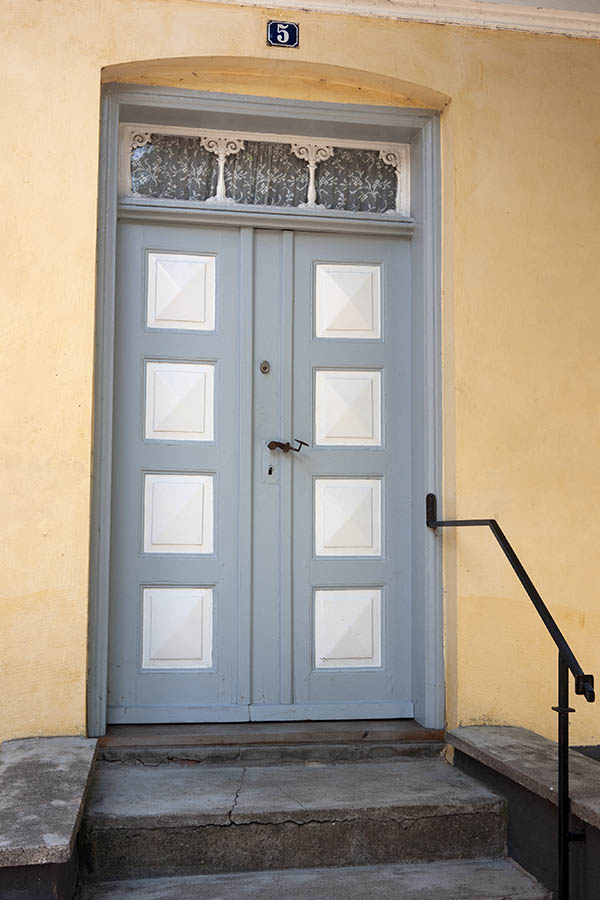 Photo 08978: Panelled, white and grey door with top window