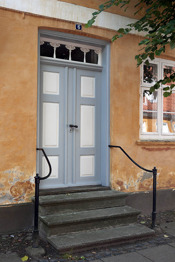 Photo 09189: Panelled, white and grey double door with top window