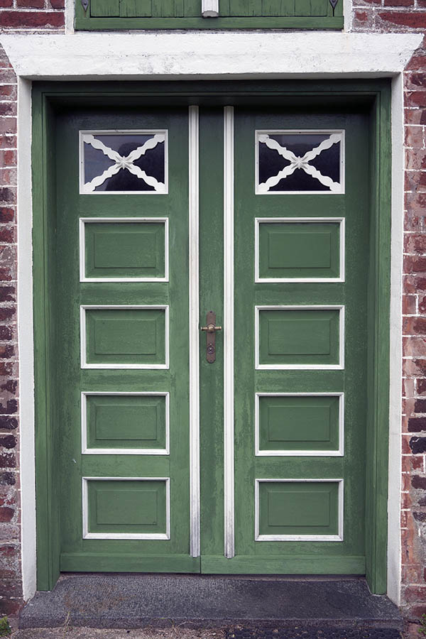 Photo 09815: Panelled, green and white double door with door lights