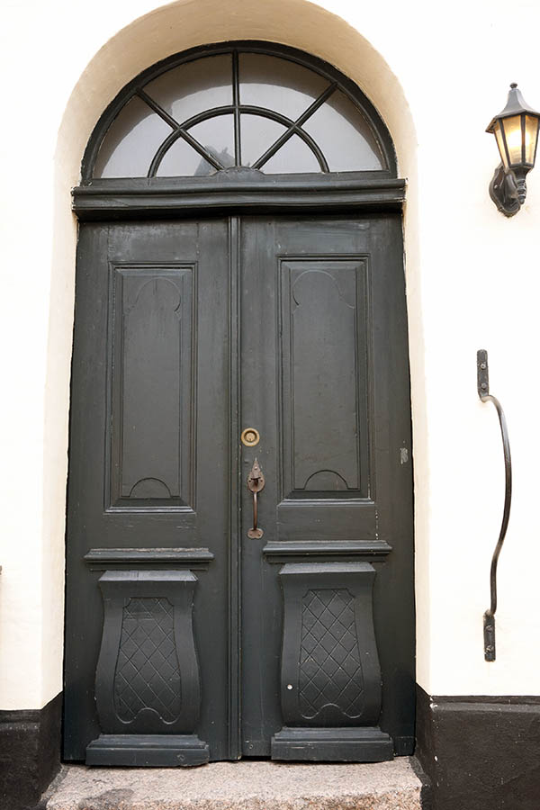 Photo 10556: Carved, panelled, black double door with fan light