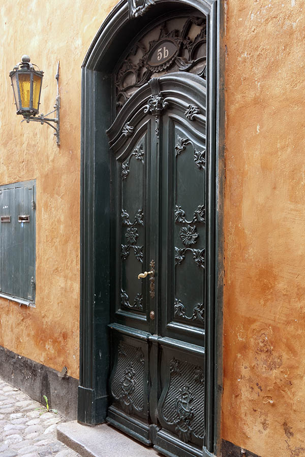 Photo 10865: Formed, carved, dark green double door with fan light