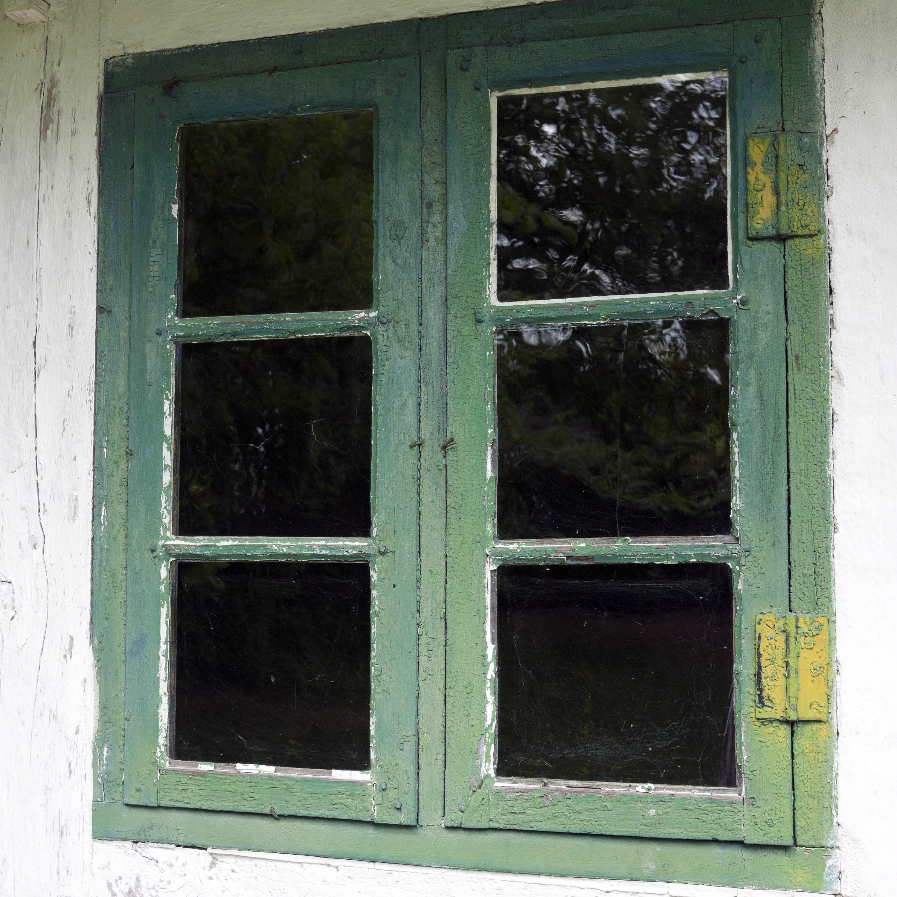 Photo 11278: Worn, green window with two frames and six panes