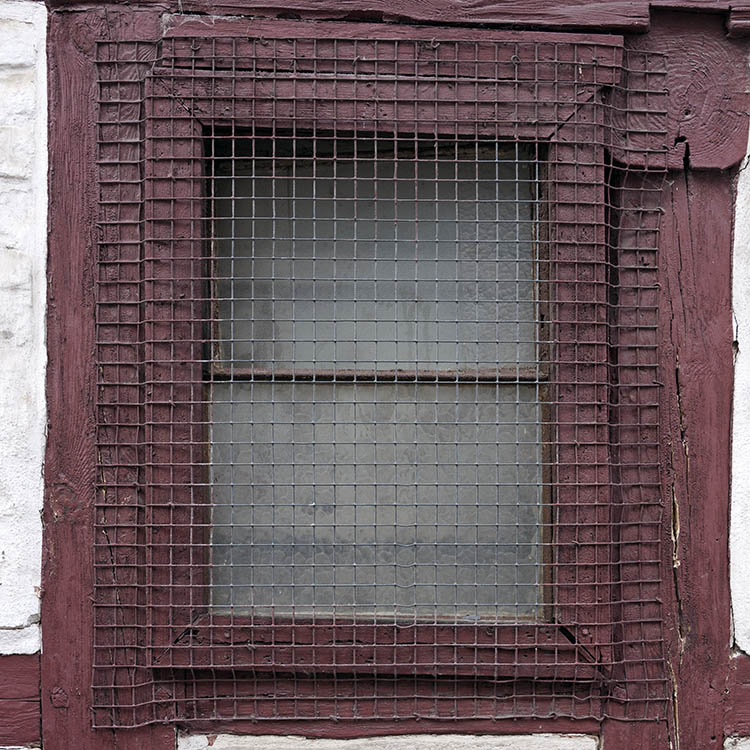 Photo 11759: Worn, brown, latticed window with two panes