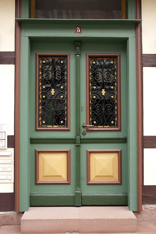Photo 12459: Panelled, green, light green, brown and yellow double door with top window and door lights