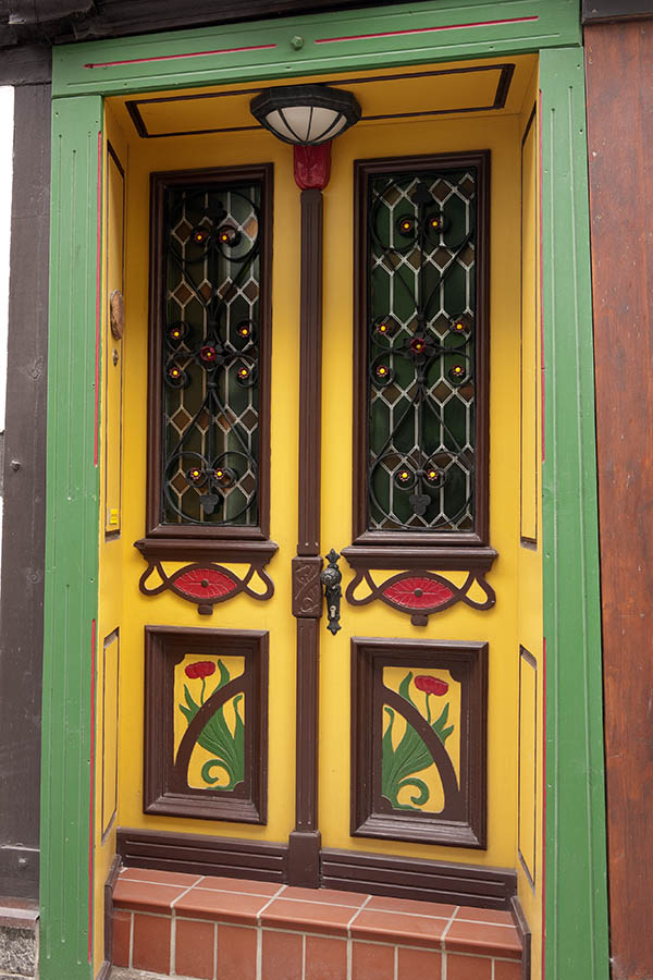 Photo 12605: Panelled, yellow, brown, red and green double door within a green pilaster