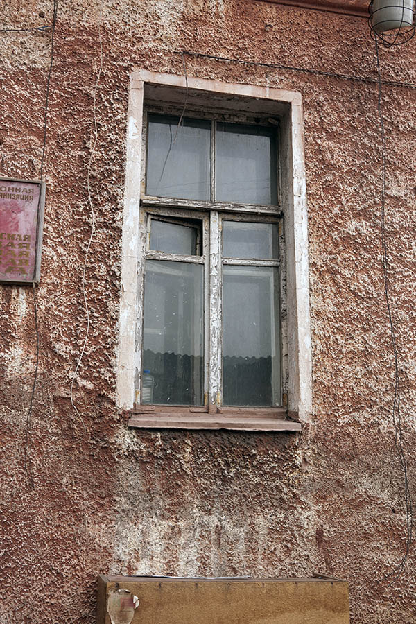 Photo 12754: Decayed, white window with three frames and six panes