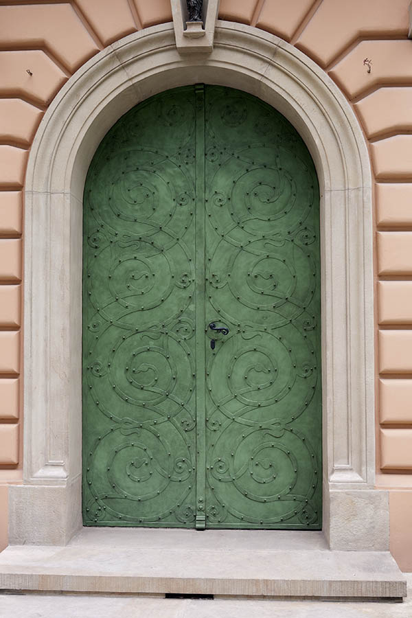 Photo 13720: Formed, light green metal double door with metal decoration