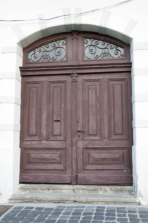 Photo 14244: Panelled, purple double door with latticed fan light