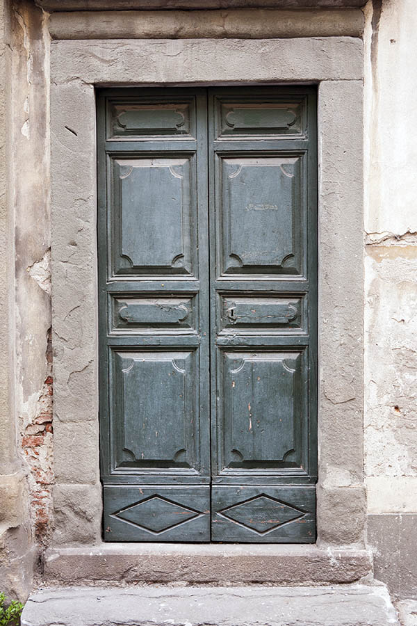 Photo 14983: Worn, panelled, carved, teal double door