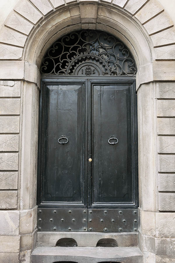 Photo 15054: Panelled, black double door with latticed fan light