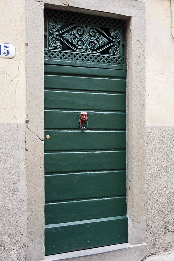 Photo 15178: Green door made of planks with a latticed top window