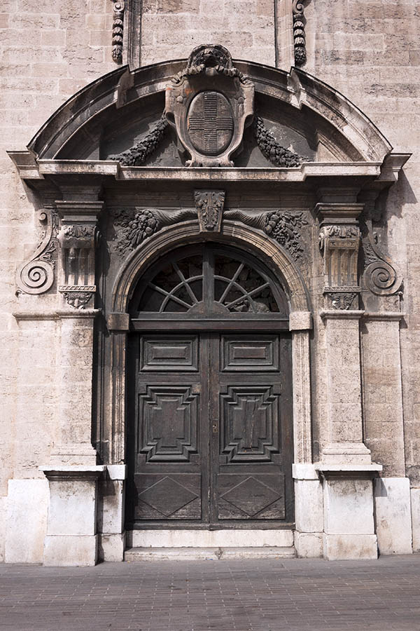 Photo 15242: Panelled, dark brown double door with fan light