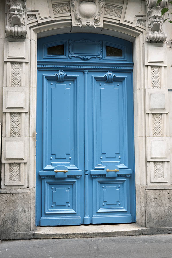 Photo 15553: Panelled, carved, light blue double door with fan light