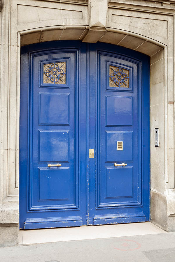 Photo 15555: Formed, panelled blue double door with latticed door lights