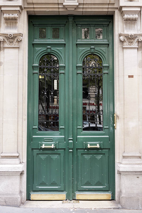Photo 15561: Panelled, carved, green double door with top windows and latticed door lights
