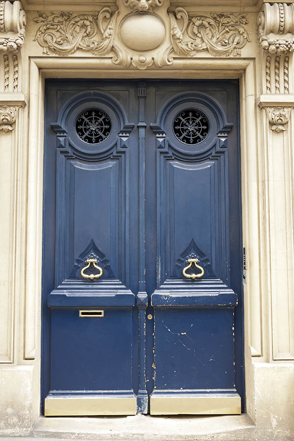 Photo 15563: Panelled, carved, blue double door with latticed, formed, round door lights
