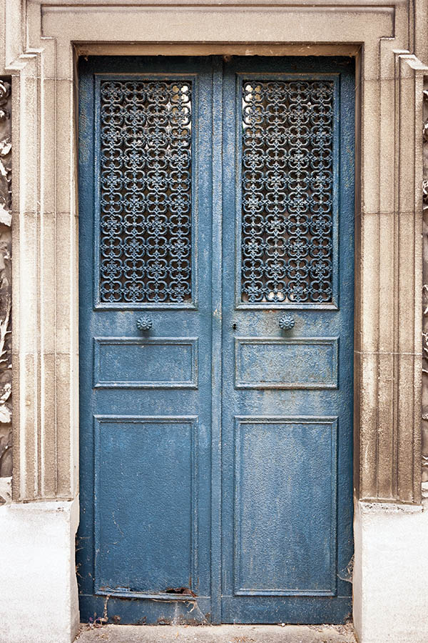 Photo 15590: Worn, blue cast iron double door with latticed door lights