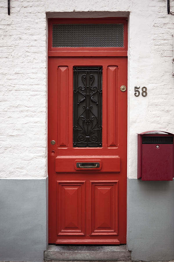 Photo 15660: Panelled, red door with top window and latticed door light