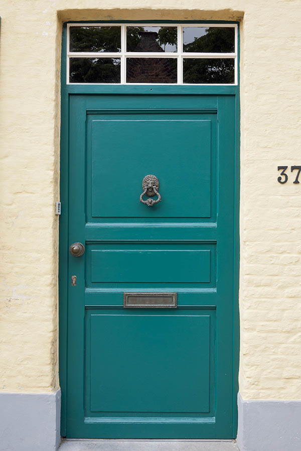 Photo 15854: Panelled, teal door with teal and white top window