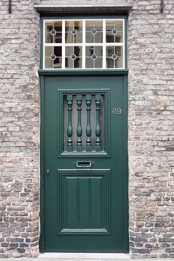 Photo 15886: Panelled, carved, green door with white and green top window