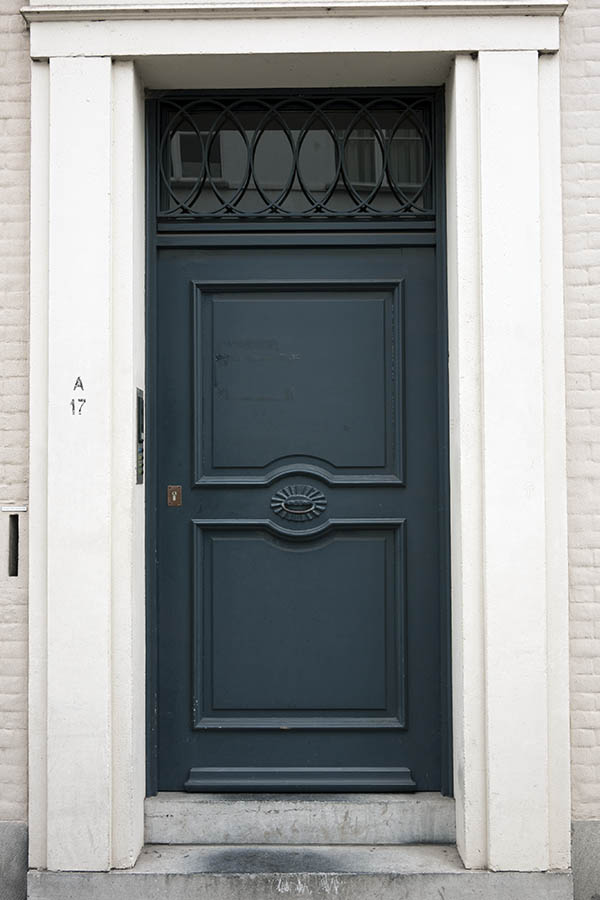 Photo 15993: Panelled, carved, black door with latticed top window