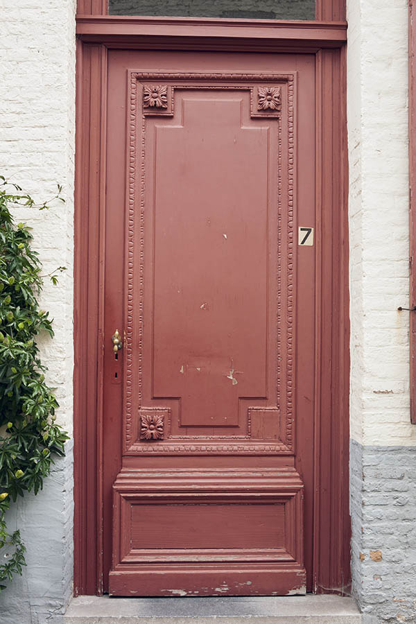 Photo 16038: Panelled, carved, brown door with top window