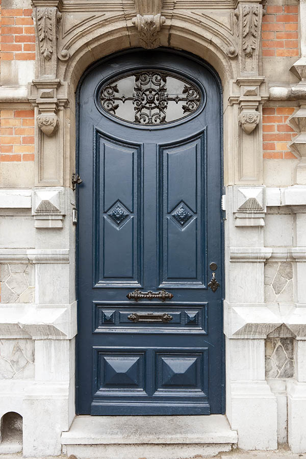 Photo 16101: Formed, panelled, carved, blue door with oval, latticed door light