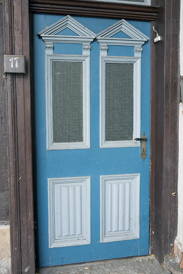 Photo 16358: Panelled, carved, light blue and grey door with door lights