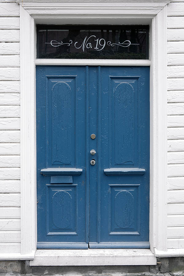 Photo 16591: Panelled, carved, blue double door with white top window