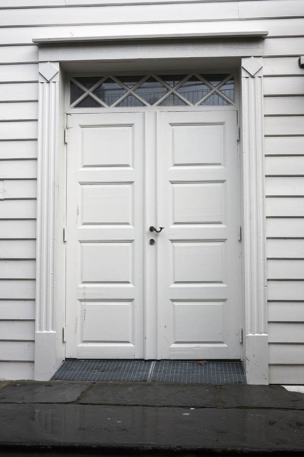 Photo 16612: Panelled, white double door with top window