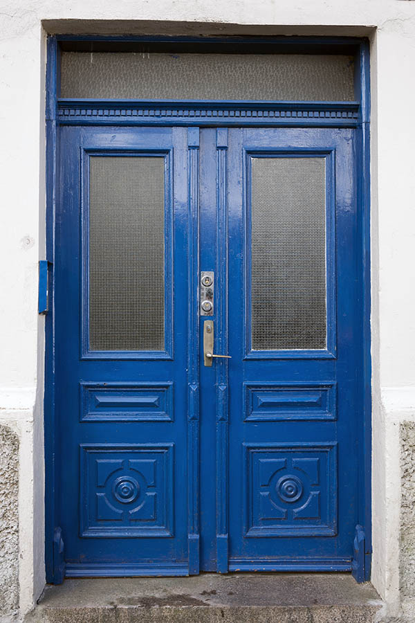 Photo 16942: Panelled, carved, blue double door with door light and top window