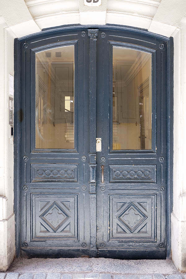 Photo 17887: Formed, panelled, carved, grey double door with door lights
