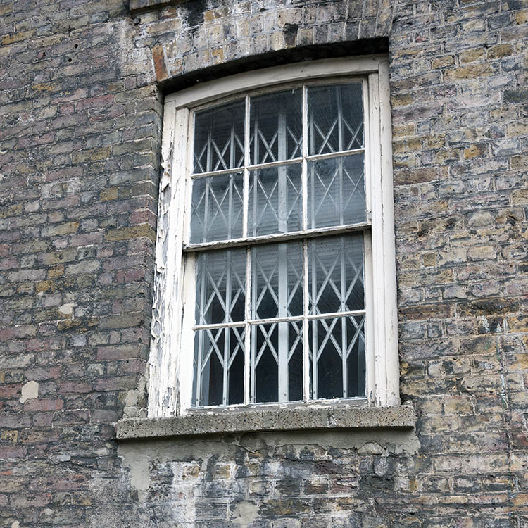 Photo 18878: Barred, formed, white sash window with 12 panes