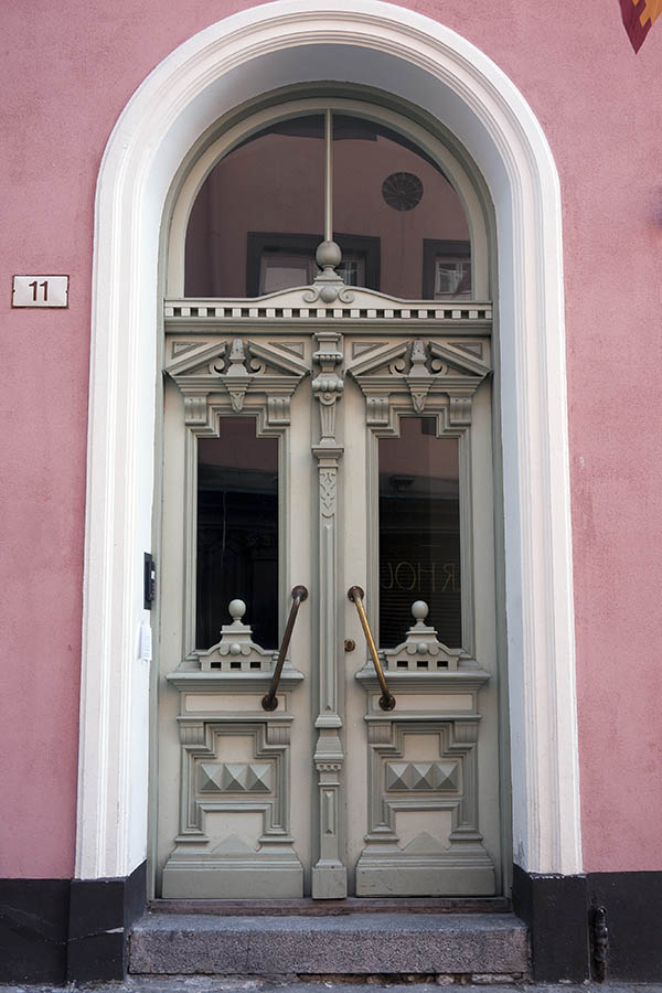 Photo 19963: Large, carved, panelled, grey and light grey double door with fan light