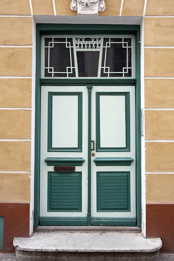 Photo 20164: Panelled, carved, green and white double door with top window