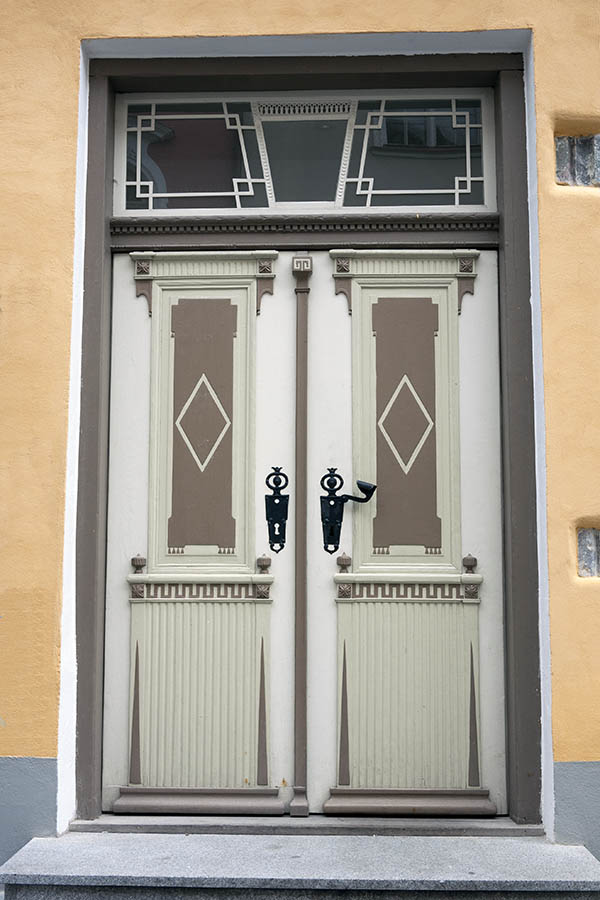 Photo 20182: Panelled, carved, brown and white double door with top window