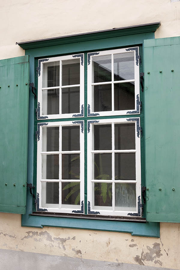Photo 20192: Large, white and green window with four frames, 20 panes and shutters