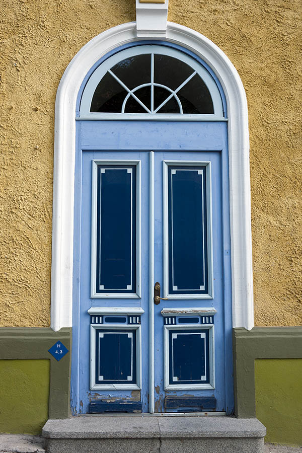 Photo 20205: Panelled, carved, light blue, blue and white double door with fan light