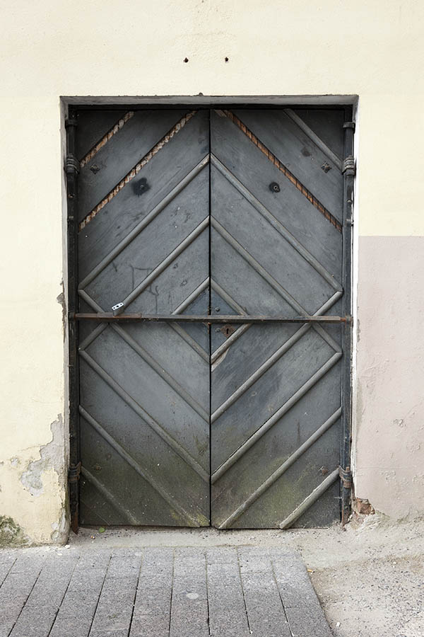 Photo 20221: Grey double door of diagonal boards