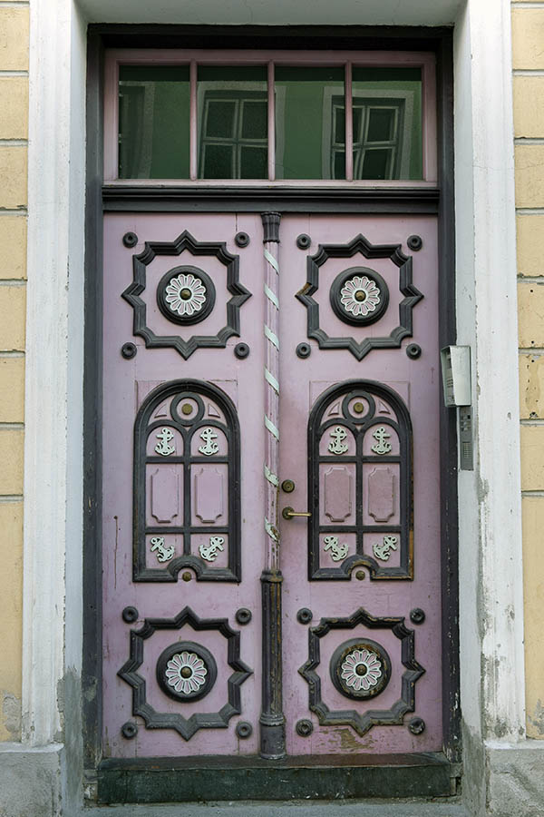 Photo 20241: Panelled, carved, pink, white and brown double door with top window